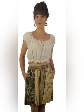 Patchwork Floral & Leaf Print Boho Shorts in Mustard & Olive. 5122.  BL/RD3.